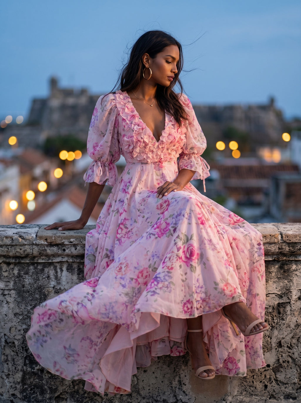 Juliette Ruffled V-Neck Floral Chiffon Gown – ATHINA RETAIL