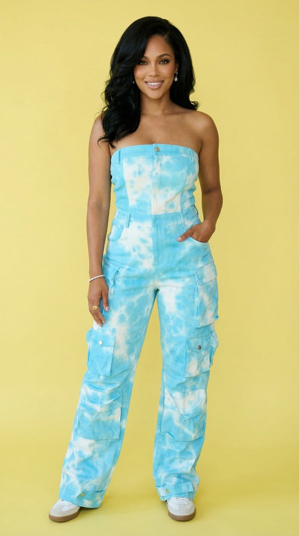 Summer Blue Tie Dye Strapless Utility Jumpsuit