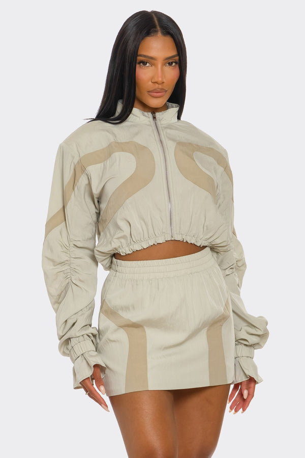 Two-Tone Nylon Windbreaker Skirt Set