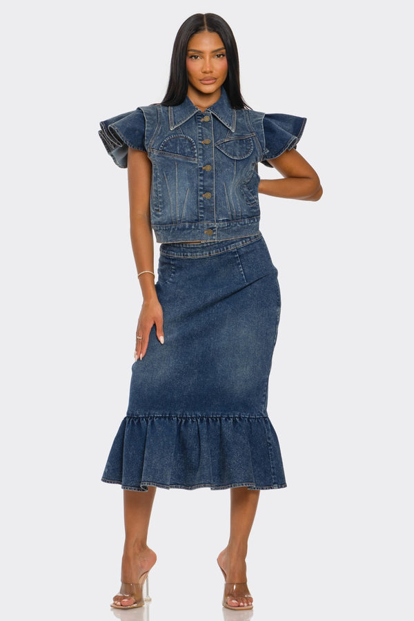 Ruffled Hem Denim Skirt Set