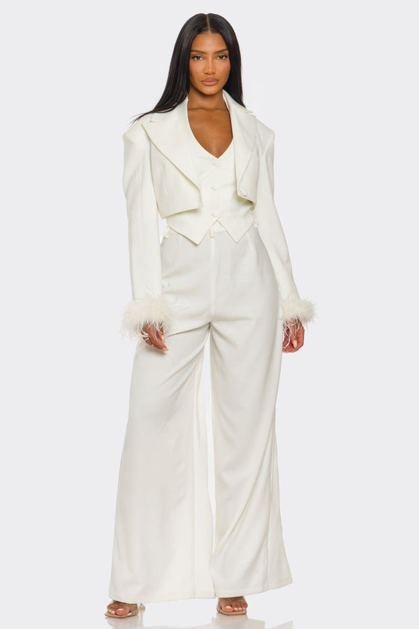 Power & Plume Feather-Trim 3-Piece Suit