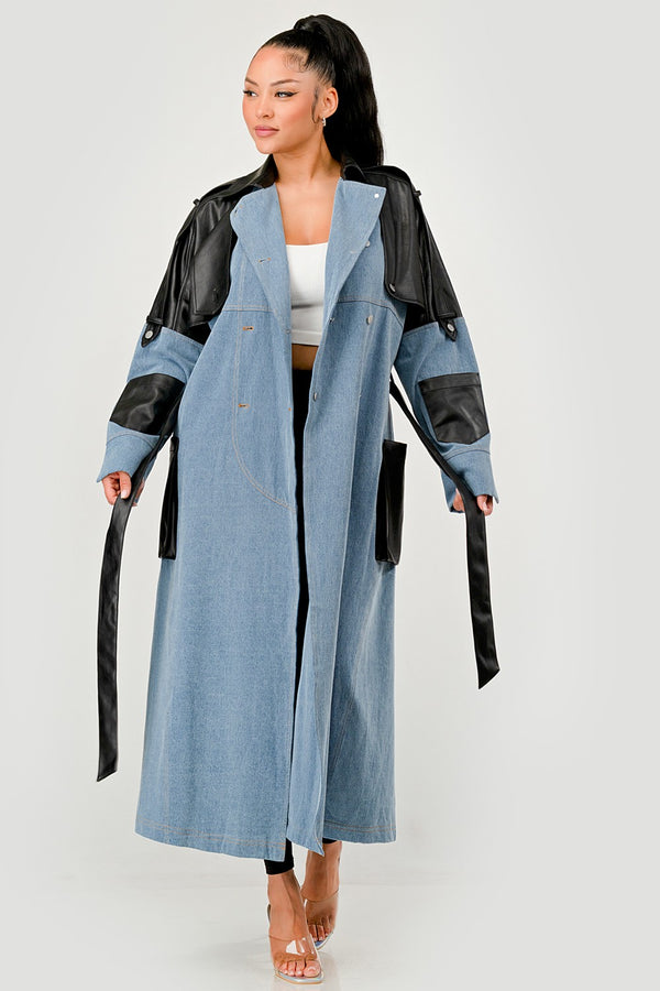 Two-Tone Denim & Faux Leather Trench Coat