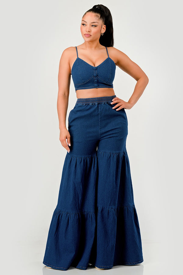 PLUS SIZE Button Front Denim Bralette & Tiered Wide-Leg Set