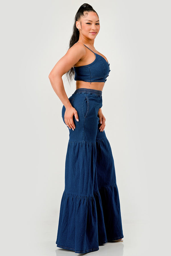 PLUS SIZE Button Front Denim Bralette & Tiered Wide-Leg Set