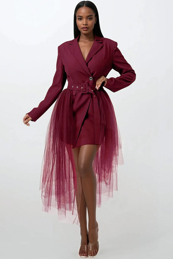 Tulle Overlay Belted Blazer Dress