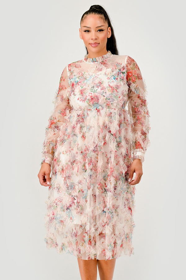 Floral Ruffle Sheer Midi Dress