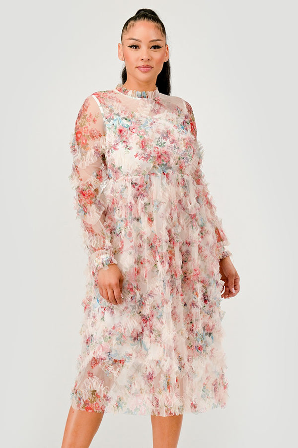 Floral Ruffle Sheer Midi Dress