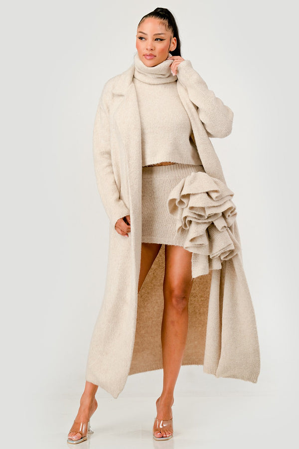 Beige Knit 3-Piece Set with Ruffle Skirt