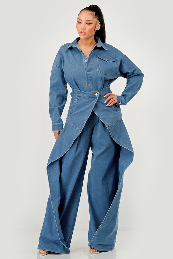 Denim Belted Wide-Leg Jumpsuit
