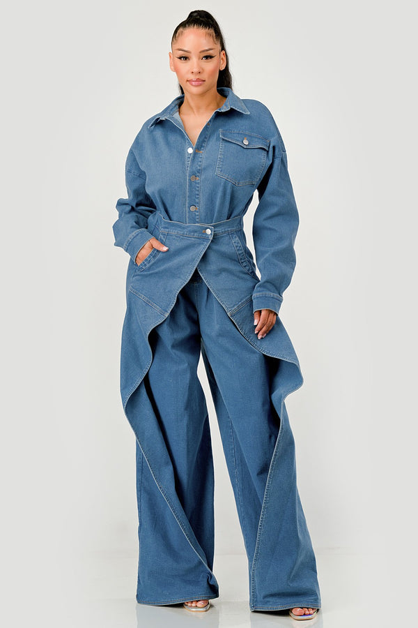 Denim Belted Wide-Leg Jumpsuit