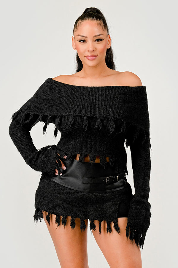Shoulder Knit Set with Faux Leather