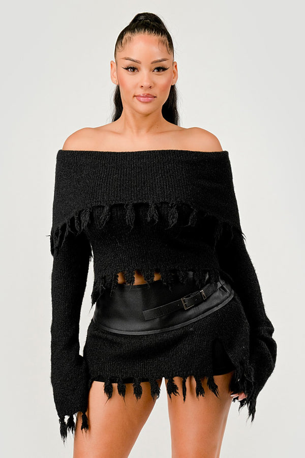 Shoulder Knit Set with Faux Leather