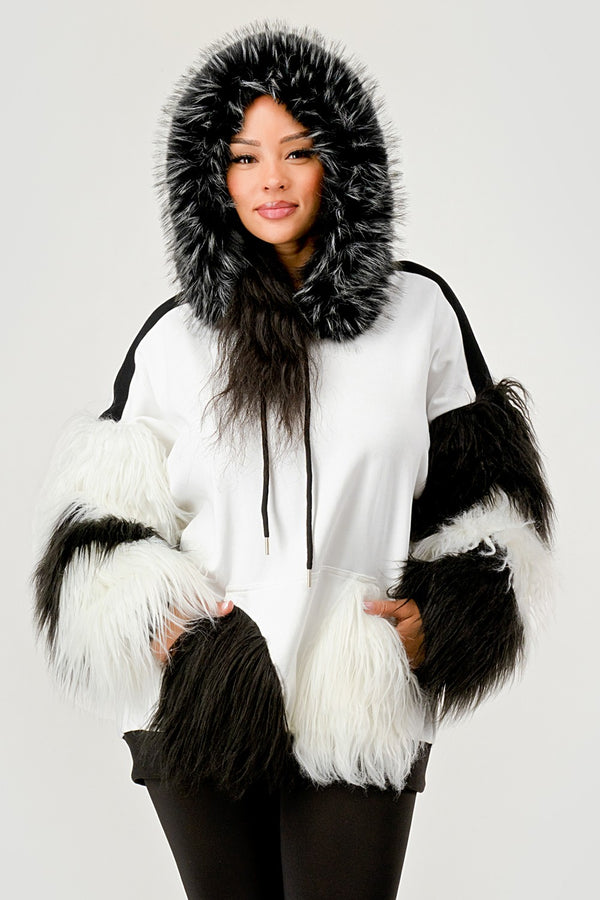 Faux Fur Colorblock Oversized Hoodie