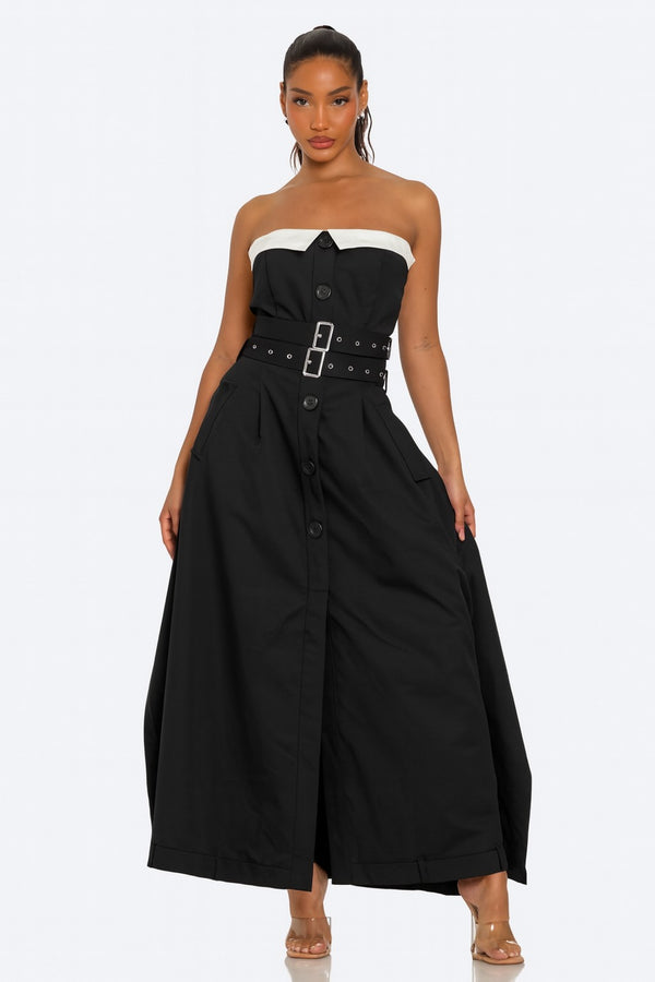 Strapless Belted Trench Maxi Dress