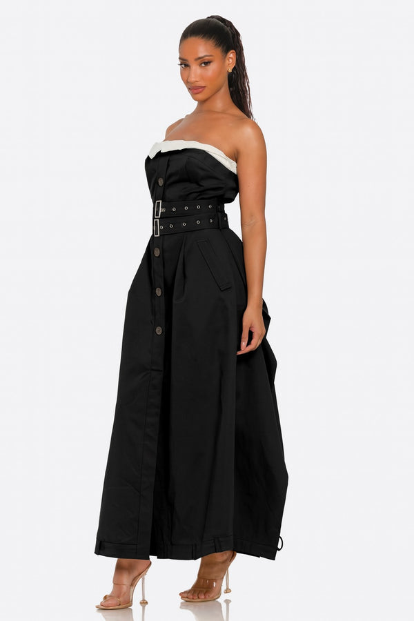 Strapless Belted Trench Maxi Dress