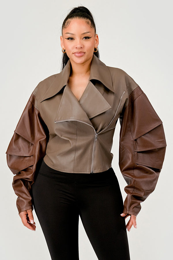 Two-Tone Faux Leather Jacket with Layered Sleeves