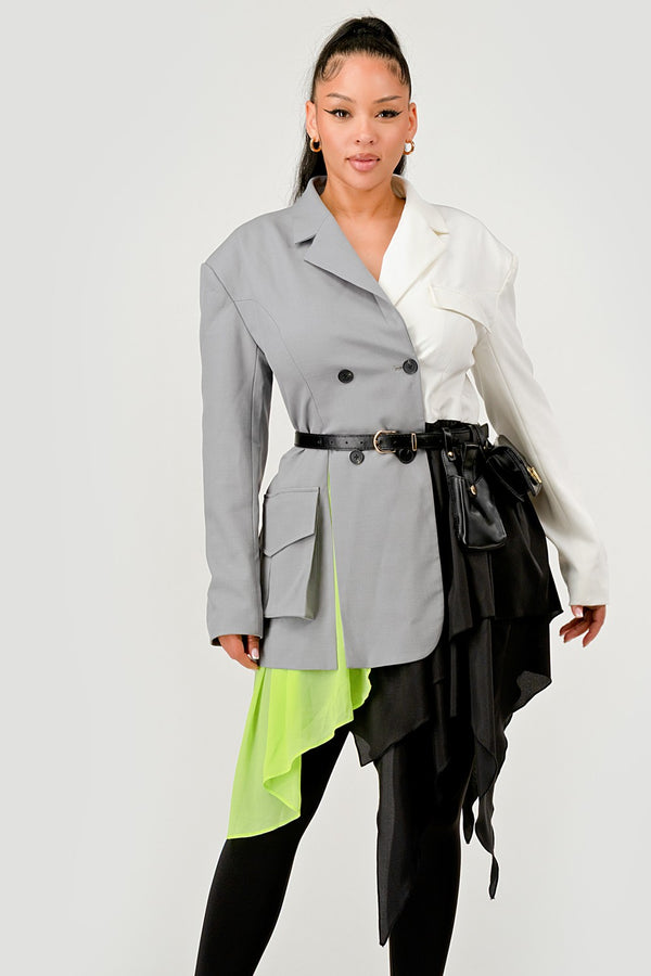 Colorblock Blazer with Layered Skirt Detail