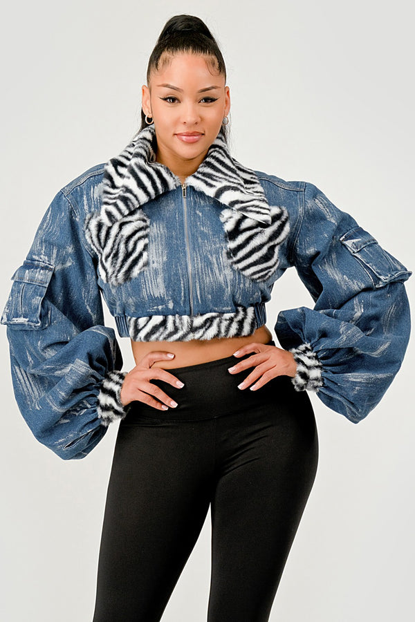 Zebra Trim Cropped Denim Jacket