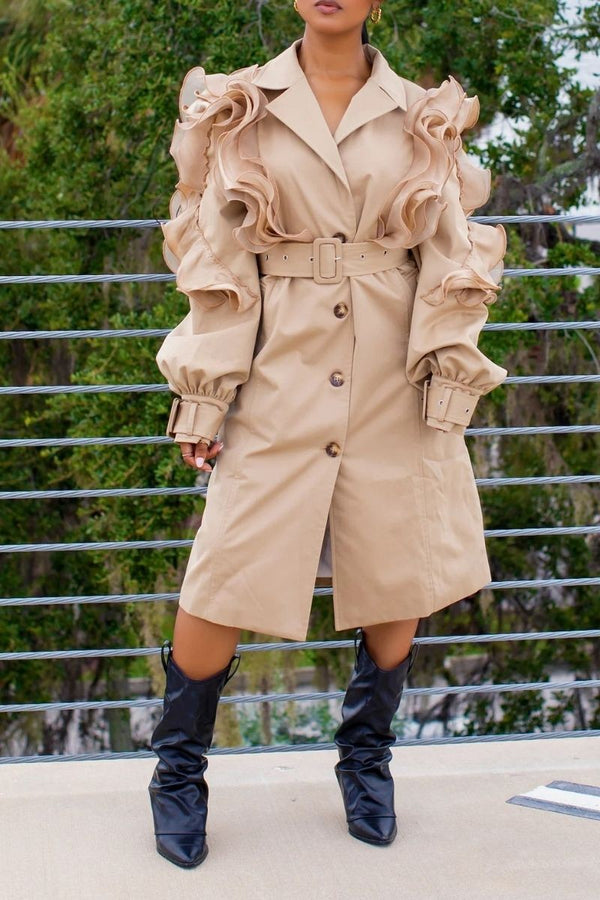 Ruffle Detail Belted Trench Coat