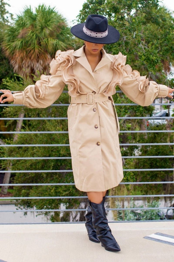 Ruffle Detail Belted Trench Coat
