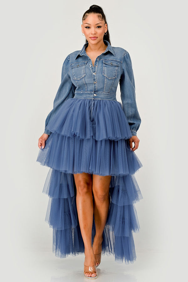 Denim Tulle Layered High-Low Dress