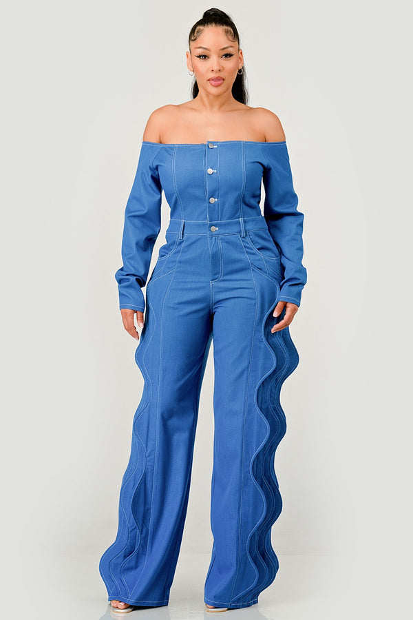 Off-Shoulder Wave Detail Jumpsuit
