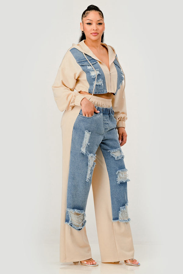 Denim Patchwork Hoodie & Wide-Leg Pant Set