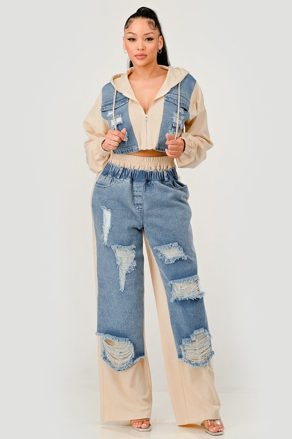 Denim Patchwork Hoodie & Wide-Leg Pant Set