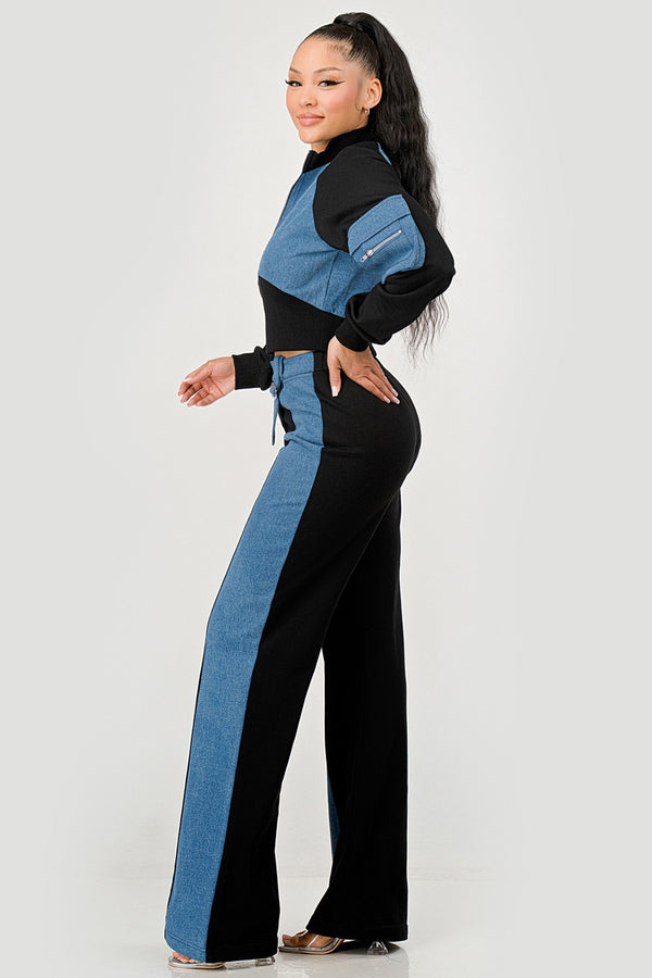 Mixed-Media Zip Crop Jacket and pants