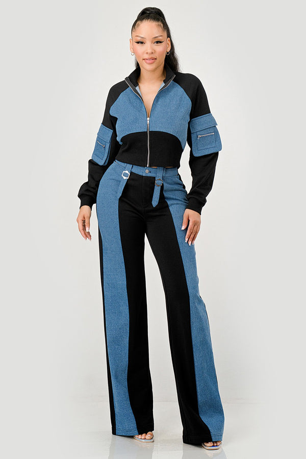 Mixed-Media Zip Crop Jacket and pants