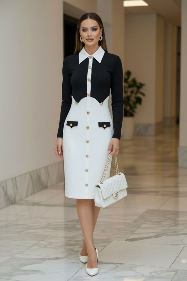 Contrast Scallop Panel Bandage Midi Dress