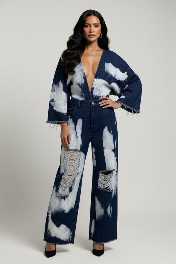 Deep V Bleach Denim Jumper