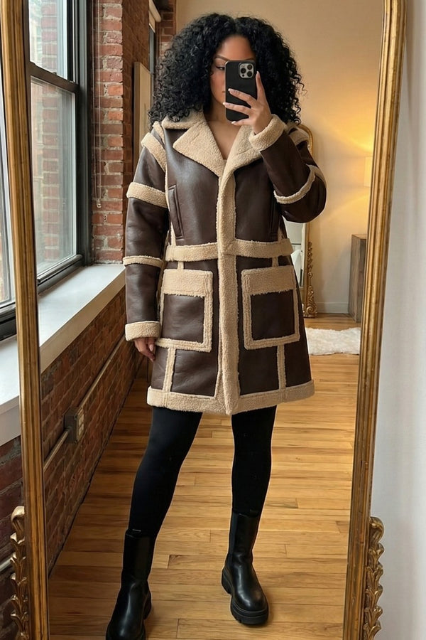 Brown Faux Leather Shearling Trim Coat