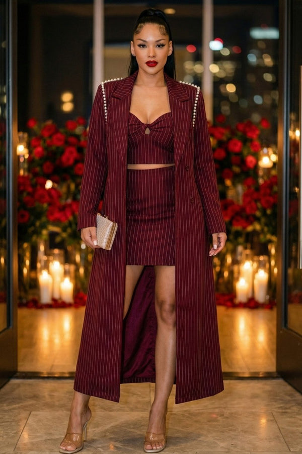 Burgundy Pinstripe Three-Piece Coat Set