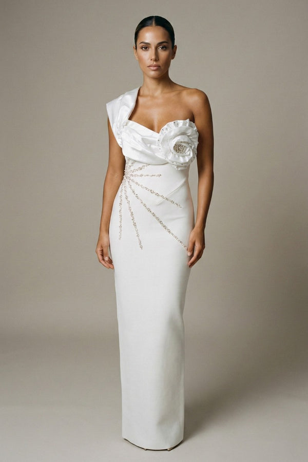Ivory One-Shoulder Crystal Rosette bandage dress