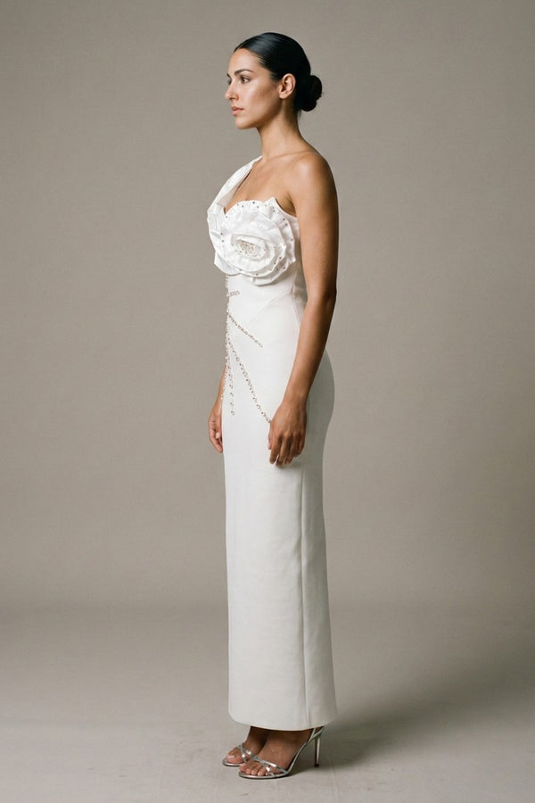 Ivory One-Shoulder Crystal Rosette bandage dress