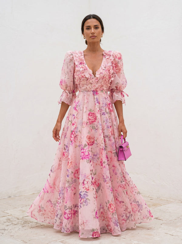 Juliette Ruffled V-Neck Floral Chiffon Gown