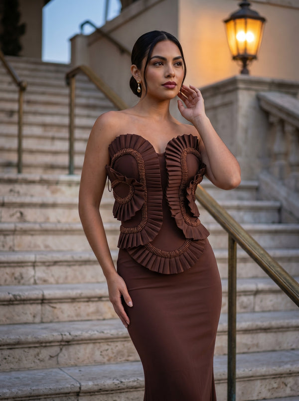 Chocolate Sculpted Strapless Gown