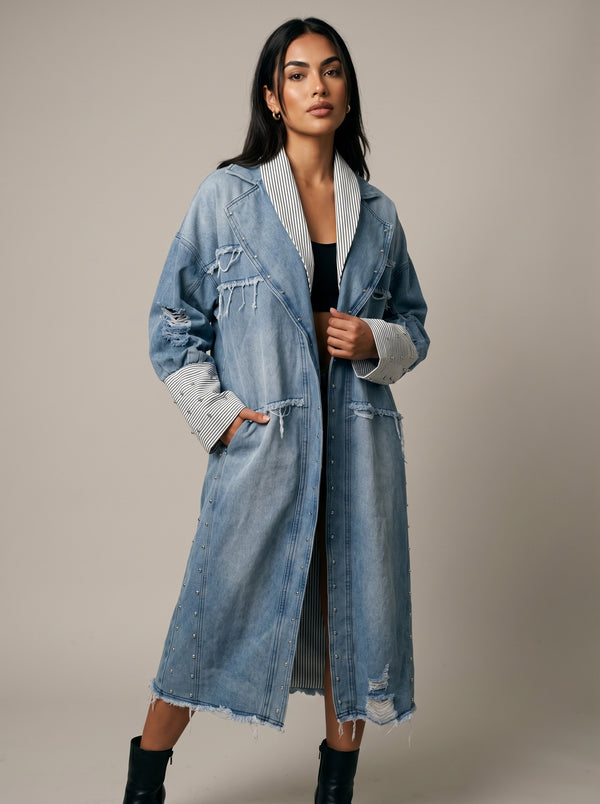 Studded Denim Duster Coat