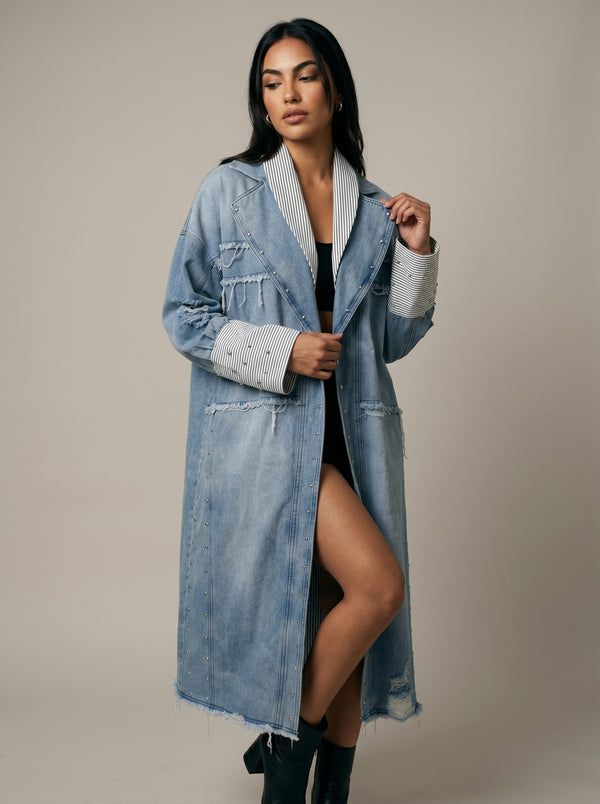 Studded Denim Duster Coat