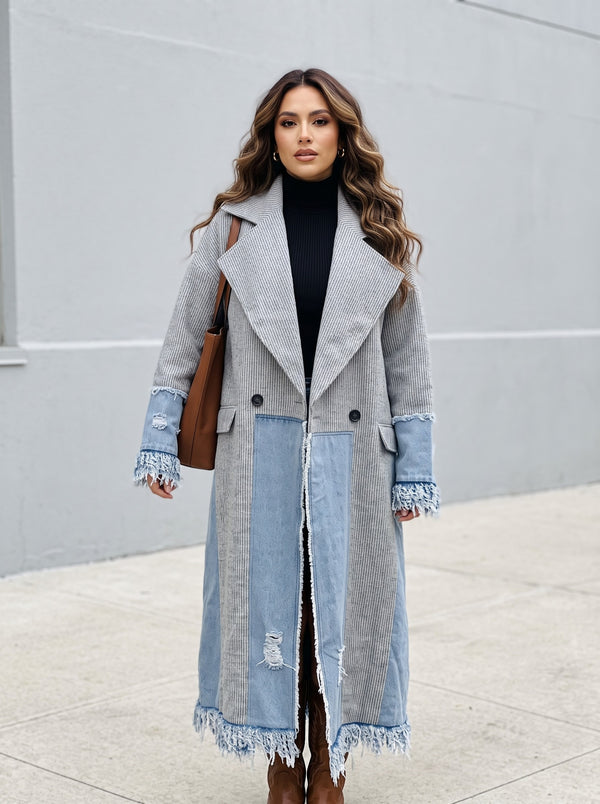 Grey Knit Denim Patchwork Maxi Coat