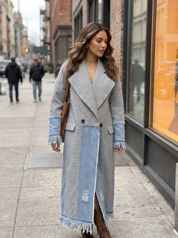 Grey Knit Denim Patchwork Maxi Coat