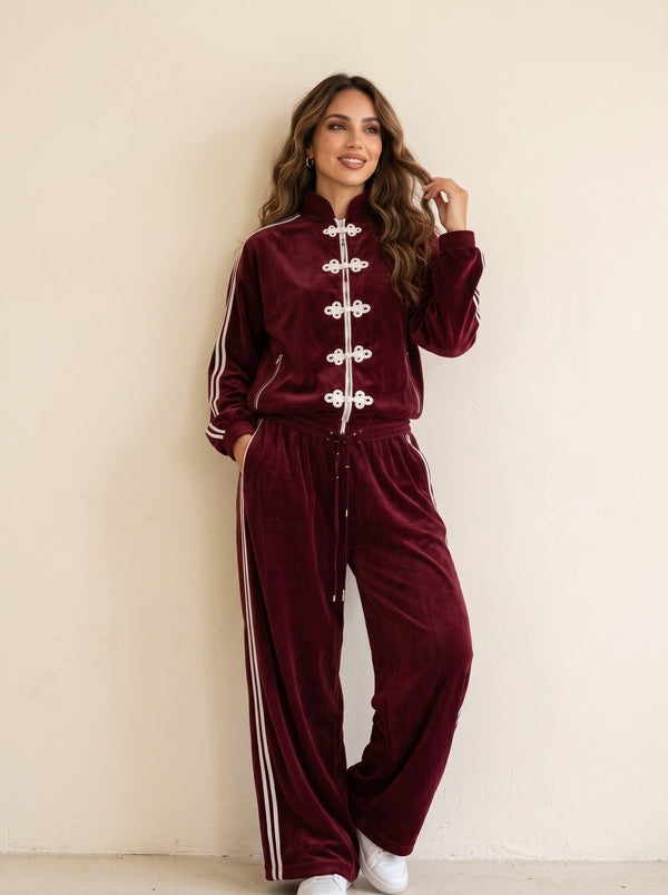 Burgundy Velour Frog-Closure Tracksuit Set