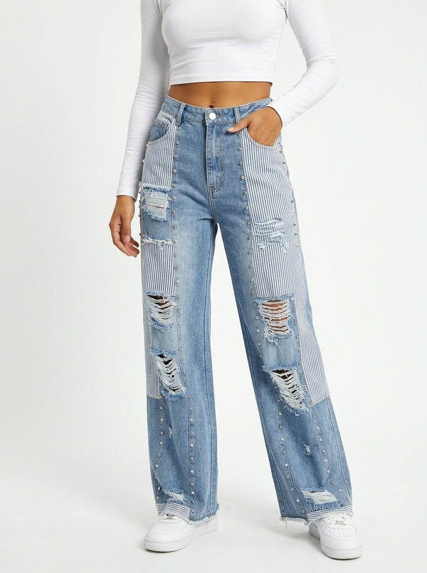 Studded Stripe Patchwork Wide-Leg Jeans