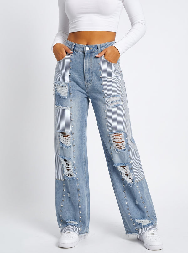 Studded Stripe Patchwork Wide-Leg Jeans