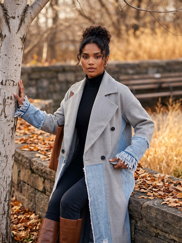 Grey Knit Denim Patchwork Maxi Coat