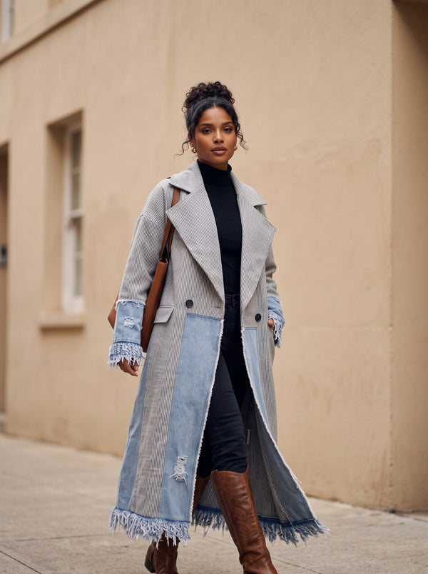Grey Knit Denim Patchwork Maxi Coat