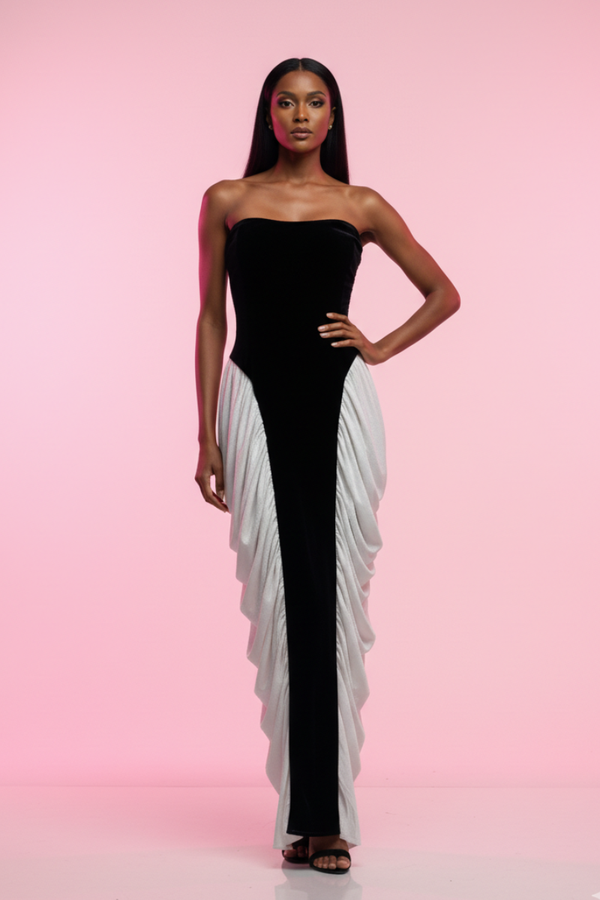 VALENTINE SPECIAL Strapless Velvet & Chiffon Contrast Gown