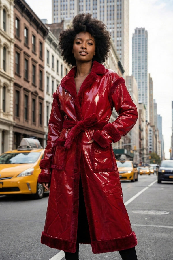 Patent Luxe Faux Fur Trench Coat