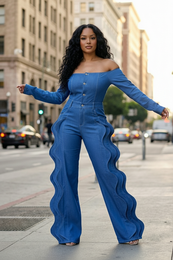 Off-Shoulder Wave Detail Jumpsuit